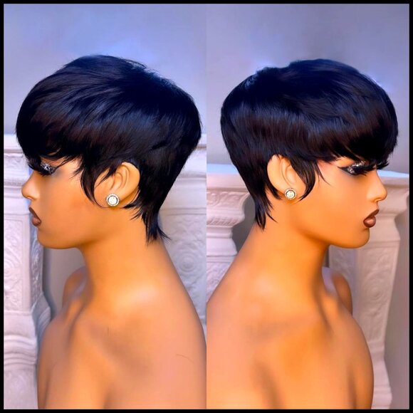Straight Human Hair Pixie Wig Glueless Brazilian Virgin Hair With Bangs